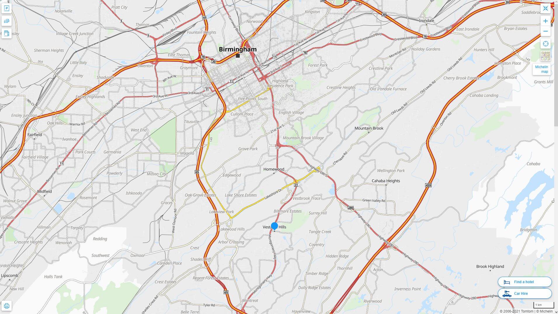 Vestavia Hills Alabama Highway and Road Map